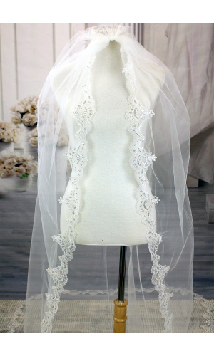 Long Veil - Long Veil Trim with Sequined Lace - 110" - VL-V1050-110IV