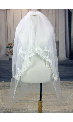 Long Veil - 2 layers Trim with sequined lace - 110" - VL-V1092-110IV