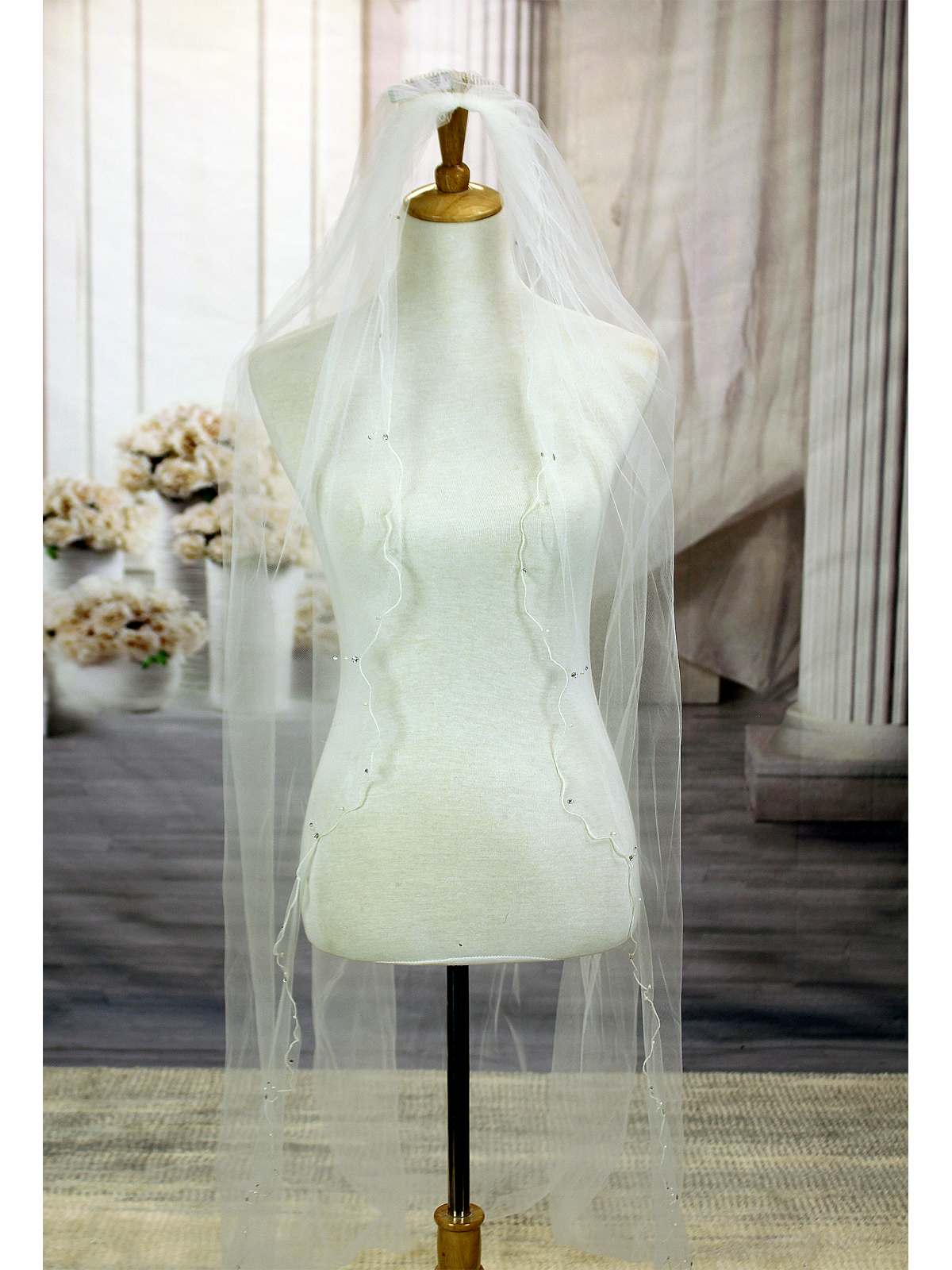 Long Veil - woven trim with beads and pearls embellishment - 108" - VL-V130-108IV