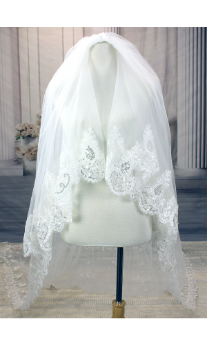 Long Veil - Sequined lace appliques - 130" - VL-V6003-130IV