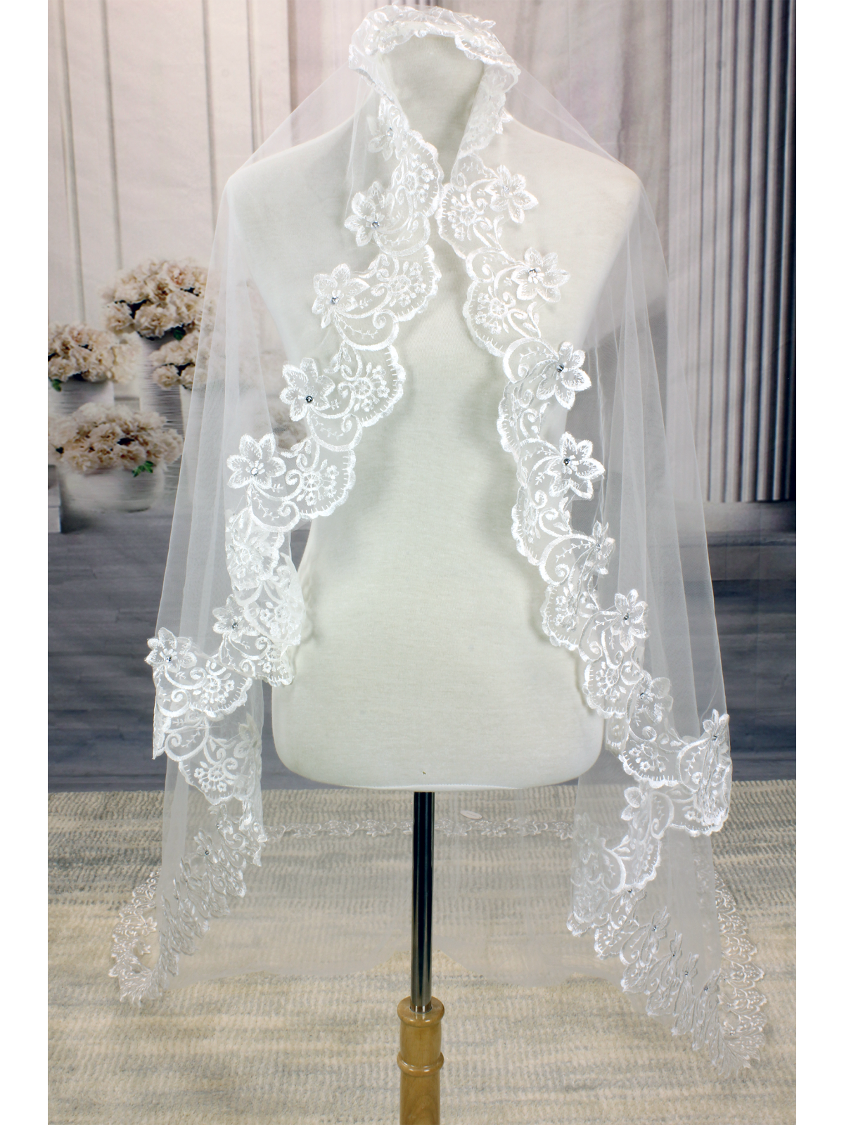 Long Veil - Trim with embroidery lace - 110" - VL-VM5004-110IV