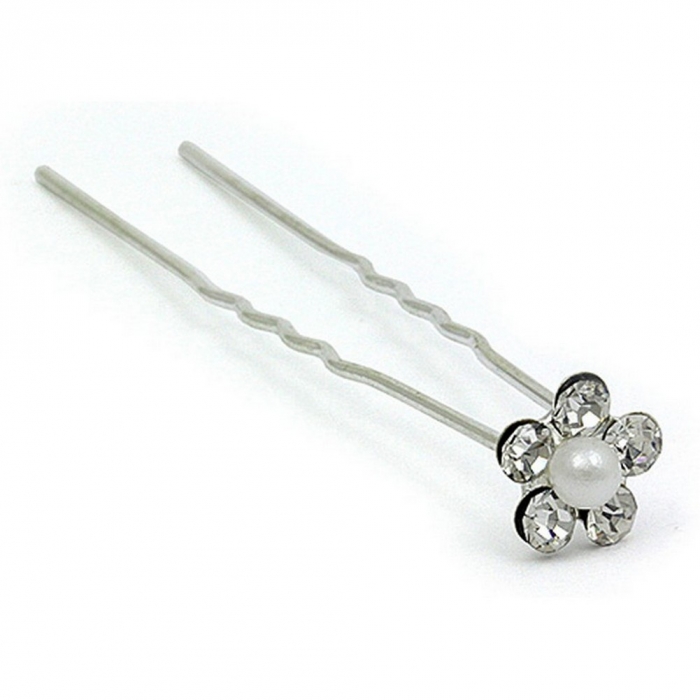 Hair Stick - 12 pcs Clear Crystal Flower w/ Faux Pearl - CS-9004PERL