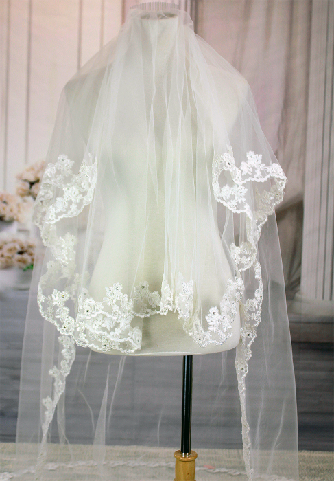 Long Veil - 2 layer with sequin & pearl embellished lace - 110" - VL-V1062-110IV