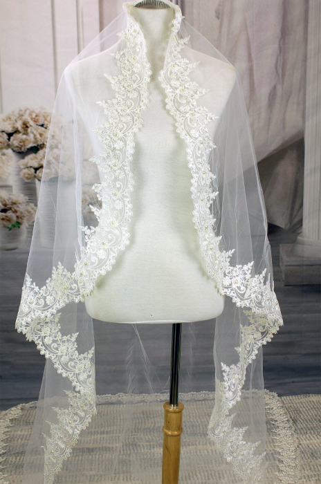 Long Veil - Long Veil with embroidery lace appliques - 110" - VL-VM5002-110IV