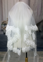 Long Veil - Long Veil with sequined embroidery lace - 110" - VL-V1067-110IV