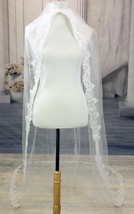 Long Veil - Long Veil with sequined lace appliques - 110" - VL-V1068-110IV