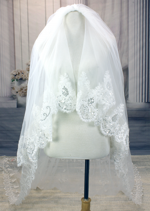 Long Veil - Sequined lace appliques - 130" - VL-V6003-130IV