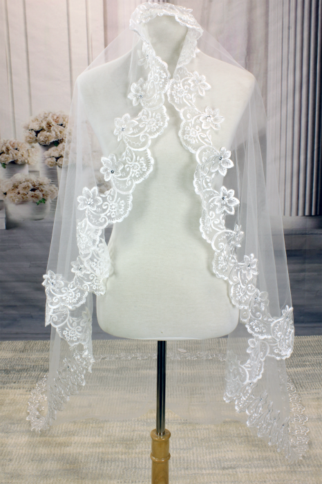 Long Veil - Trim with embroidery lace - 110" - VL-VM5004-110IV