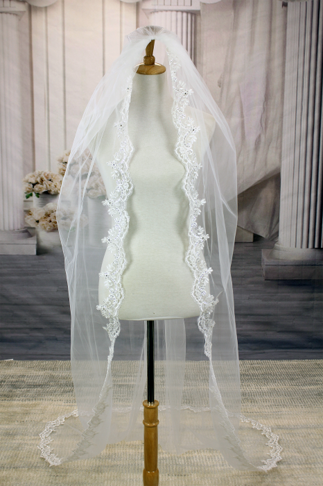 Long Veil - Trim with embroidery lace - 95" - VL-V1072-95IV