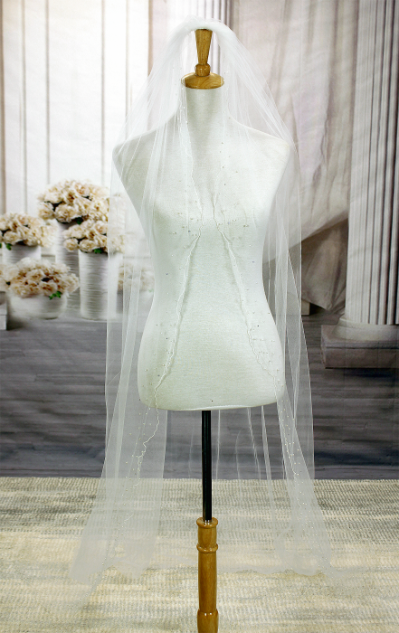 Long Veil - woven trim with beads and pearls embellishment - 108" - VL-V103-108IV