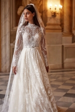 Luxury Wedding Dress - Delicate Lace A-line with Stand-up Collar and Long Sleeves - Lacework Treasure - LIDA-01346.00.00