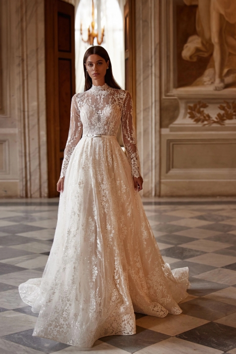 Luxury Wedding Dress - Delicate Lace A-line with Stand-up Collar and Long Sleeves - Lacework Treasure - LIDA-01346.00.00