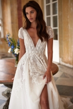 Luxury Wedding Dress - A-line Deep V-neck Beading and Skirt with Lining - Splendora - LIDA-01353.42.17