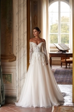 Luxury Wedding Dress - Embroidered Long Sleeve A-line with a Deep Heart Cutout - Erregina - LIDA-01356.00.17