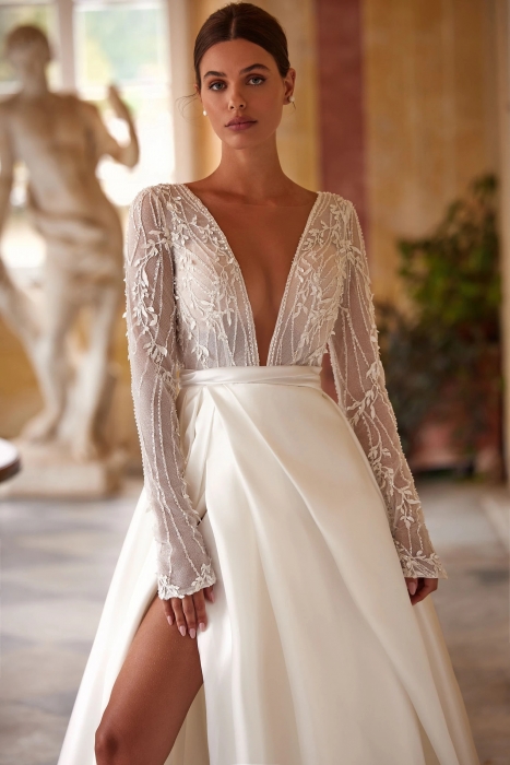 Luxury Wedding Dress - Mikado fabric A-line Deep V-neck Dress with Long lace sleeves - Fascina - LIDA-01364.13.17