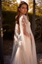 Luxury Wedding Dress - Embroidered with 3D Small Flowers and Detachable Sleeves - Bluebell - LDK-08279.00.17