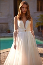 Luxury Wedding Dress - A-line Organza Drapery Deep Neckline with Detachable Bows - Arrosa - LDK-08286.00.17
